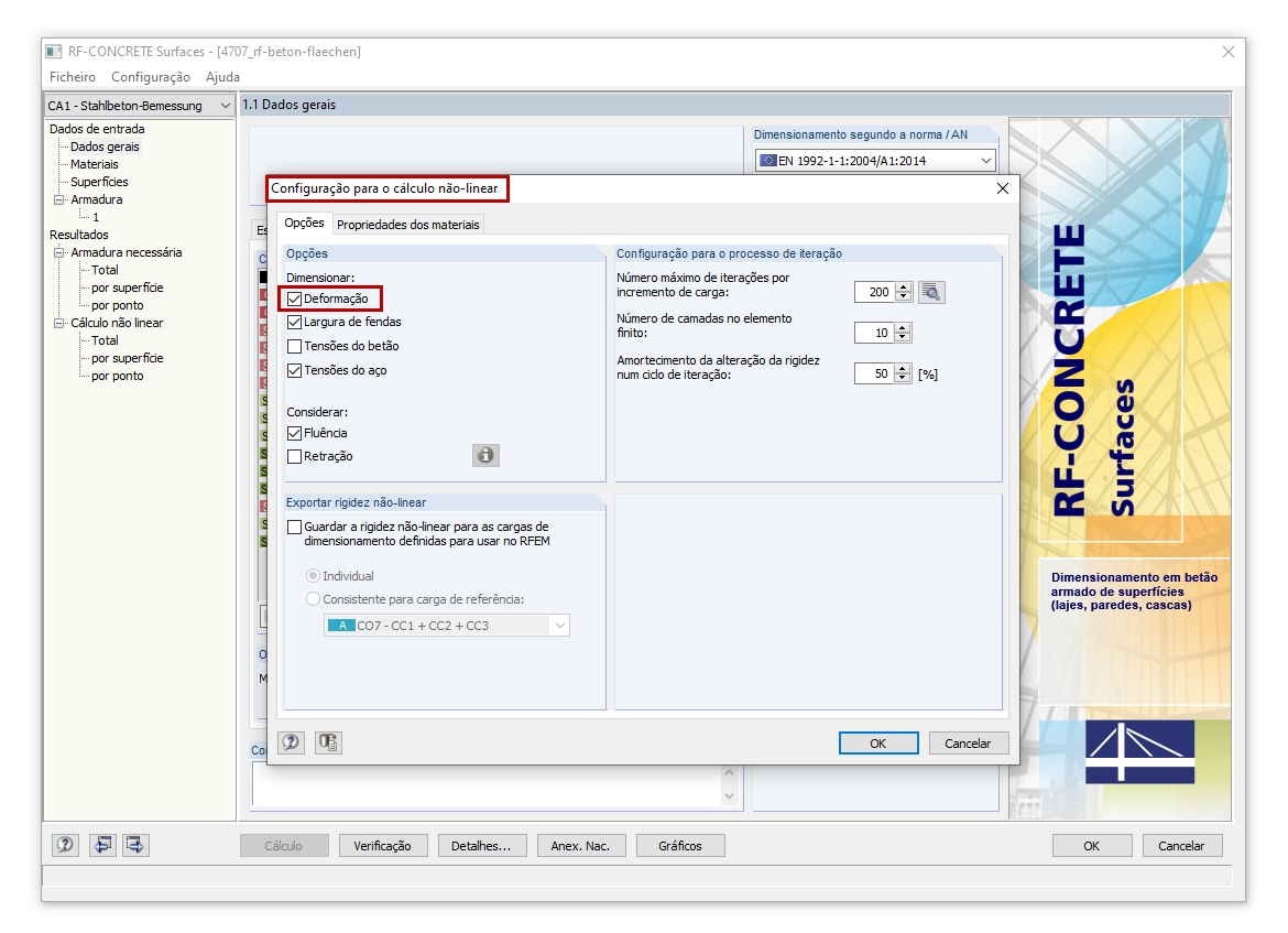 Configuração para o cálculo não linear no estado limite de utilização