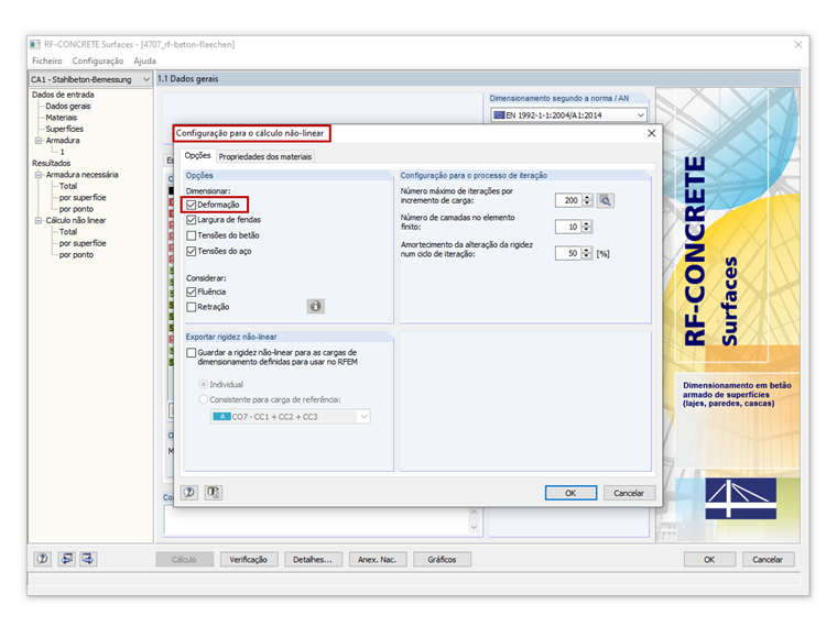 Configuração para o cálculo não linear no estado limite de utilização