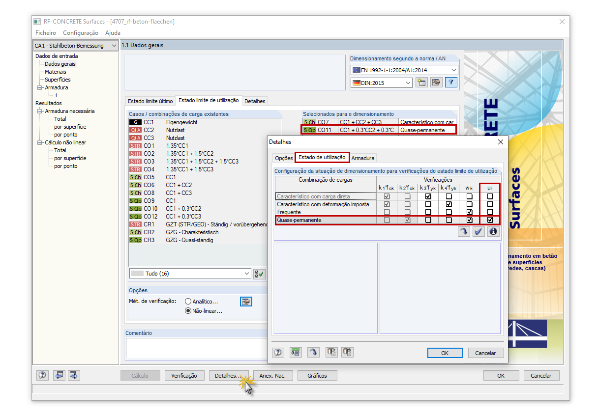 Seleção de situações de dimensionamento para as verificações individuais do estado limite de utilização