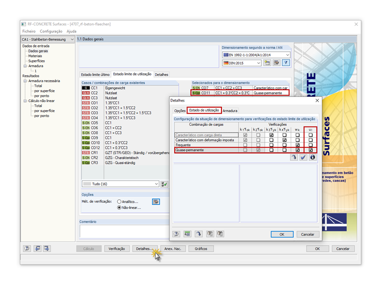 Seleção de situações de dimensionamento para as verificações individuais do estado limite de utilização