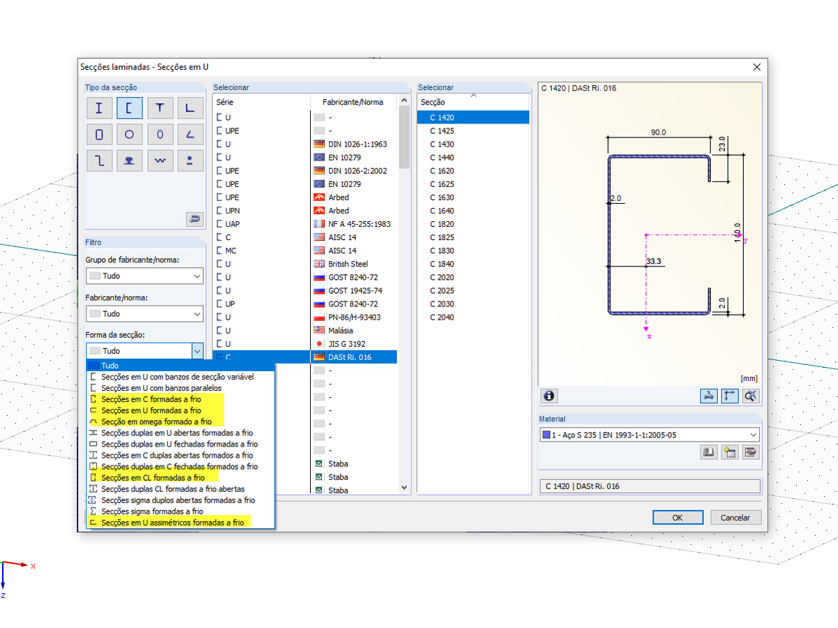 Lista de seleção para a forma da secção