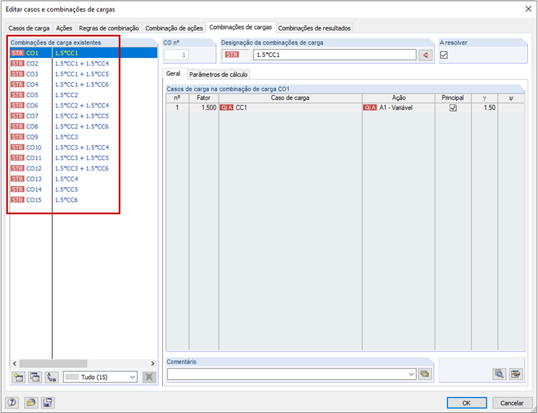 Verificação das combinações de carga