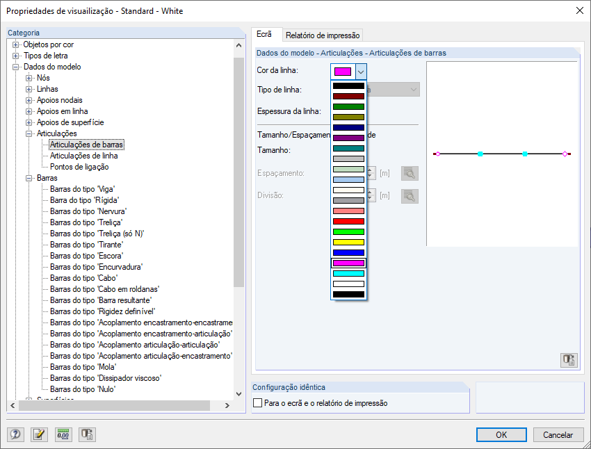 Propriedades de visualização para as articulações de barras