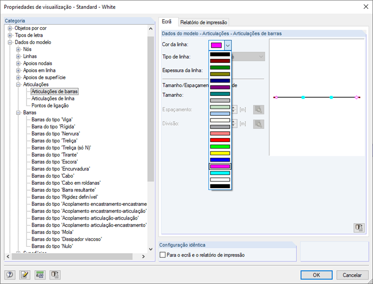 Propriedades de visualização para as articulações de barras