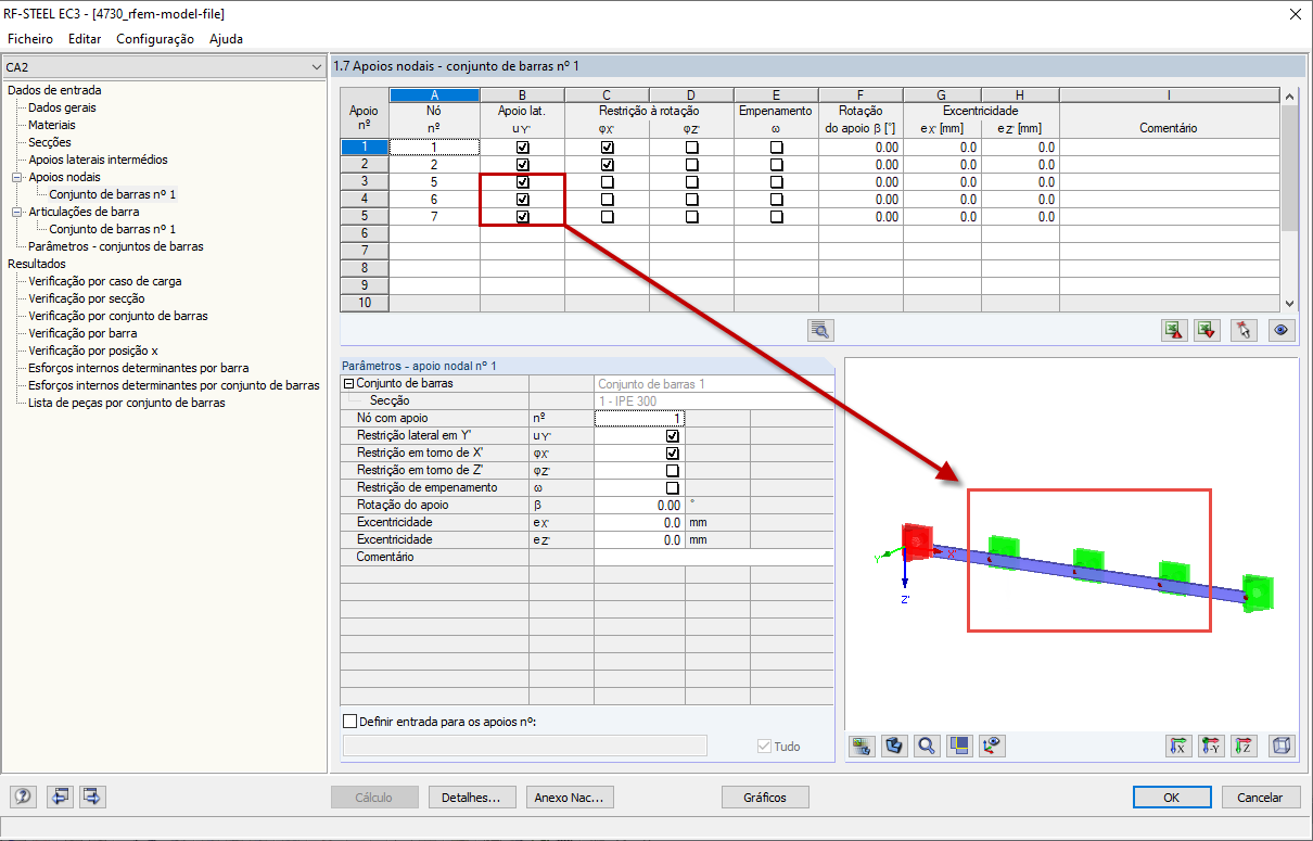 Definição dos apoios nodais
