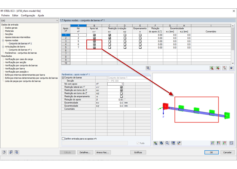 Definição dos apoios nodais