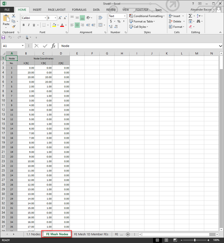 Coordenadas da malha de EF exportadas no Excel