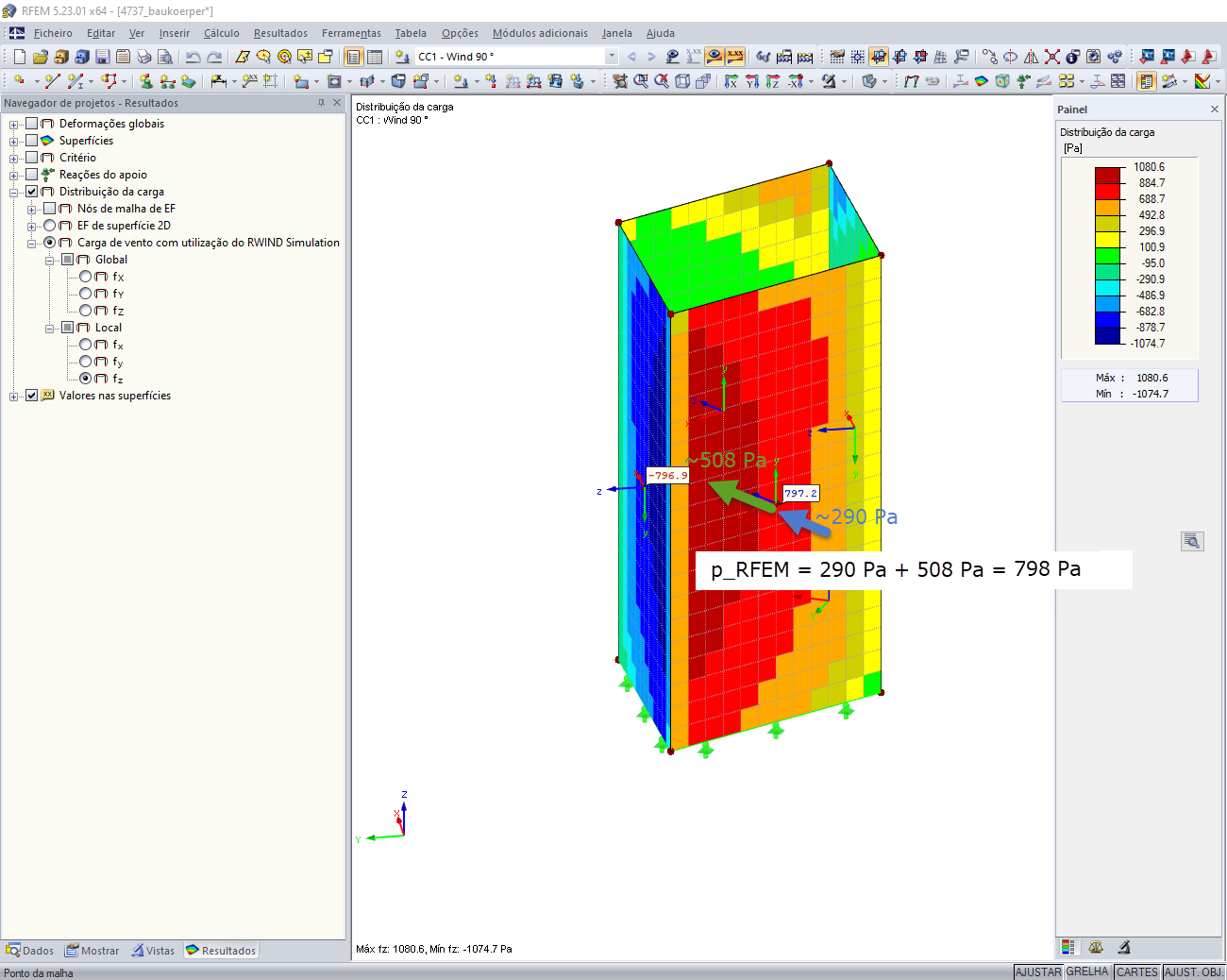 Distribuição da pressão de superfície resultante no RFEM