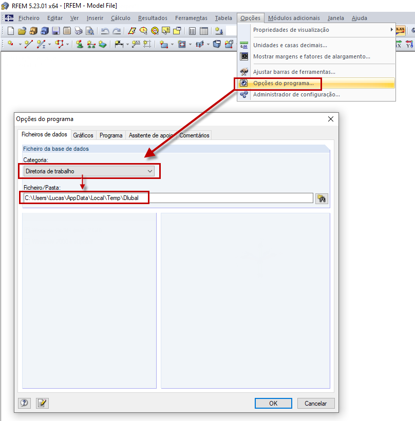 Caminho do diretório de trabalho