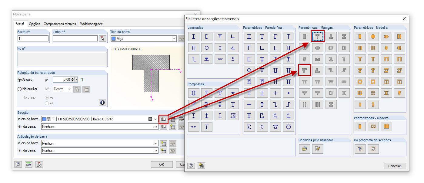 Secção de viga de pavimento em T paramétrica maciça