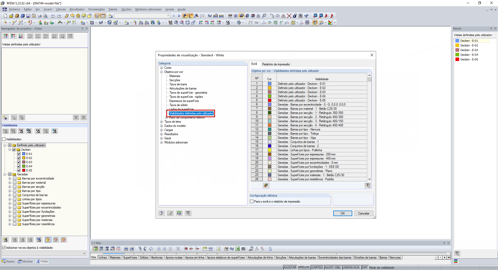 Alteração das cores do ecrã/relatório de impressão nas propriedades de visualização