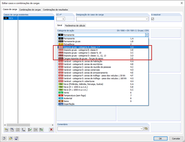 Categorias de ação para gruas