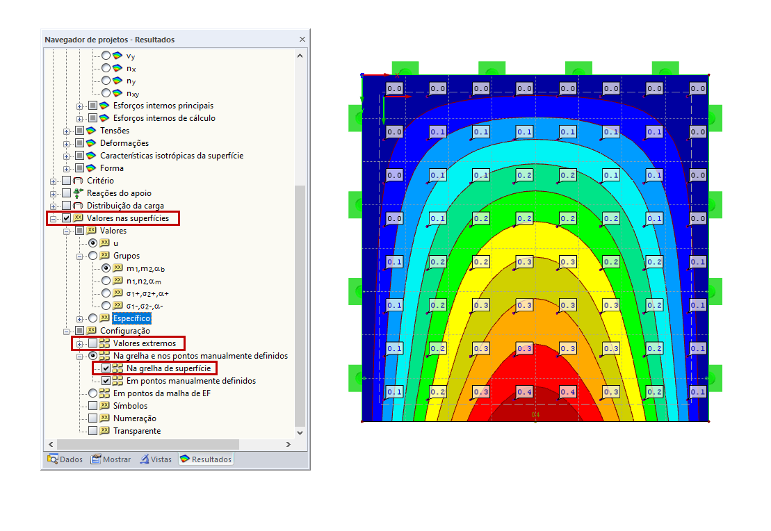 Valores nas superfícies no navegador de projetos – Resultados
