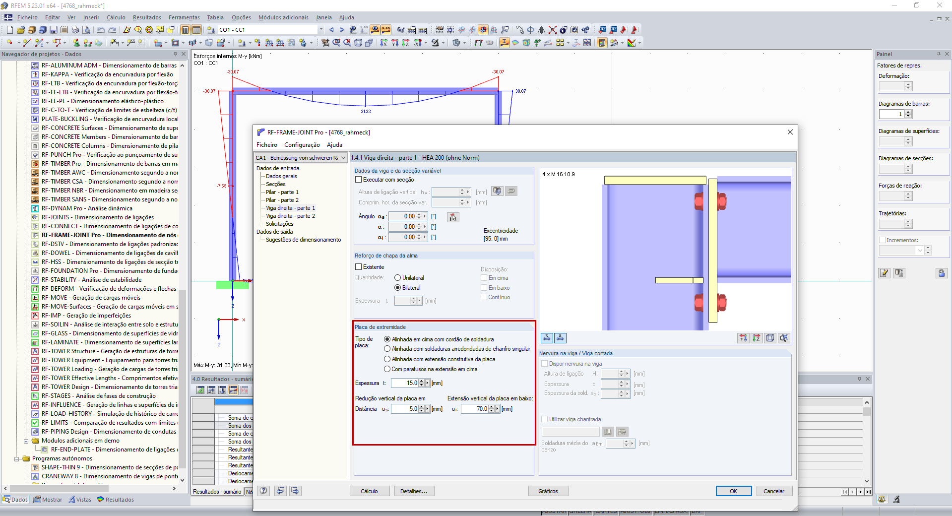 Dimensões da placa de extremidade