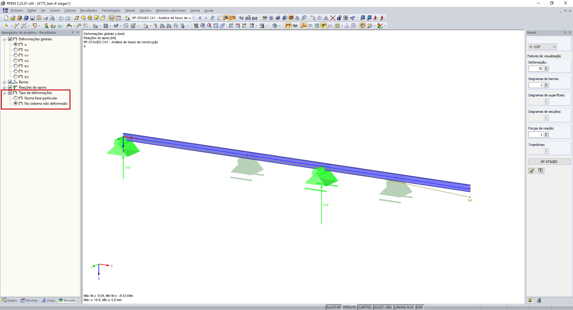 Representação gráfica dos resultados relativamente ao sistema não deformado ou à fase de construção atual
