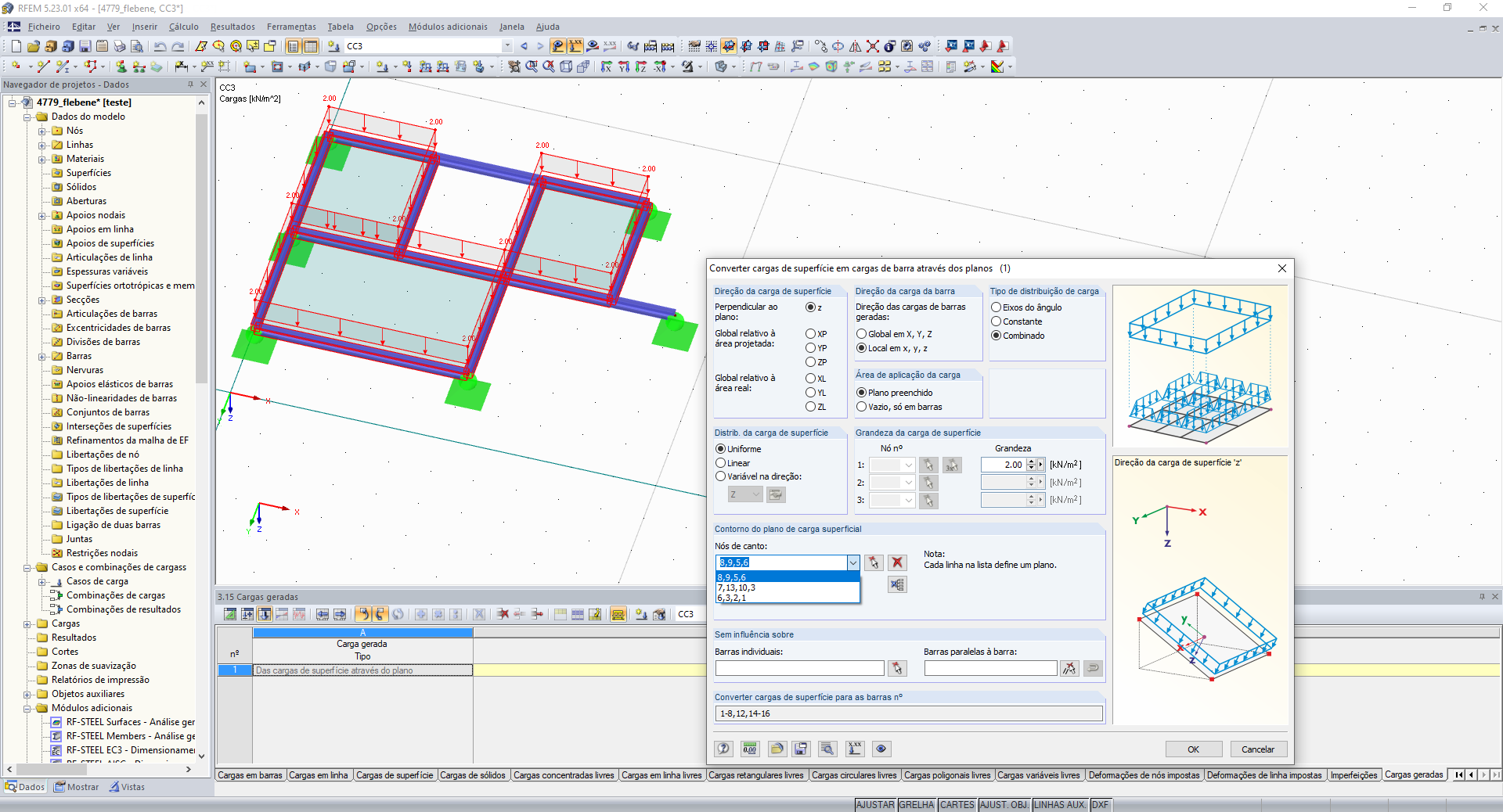 Cargas de barra a partir de cargas de superfície através de um plano