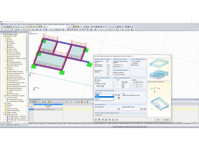 Cargas de barra a partir de cargas de superfície através de um plano