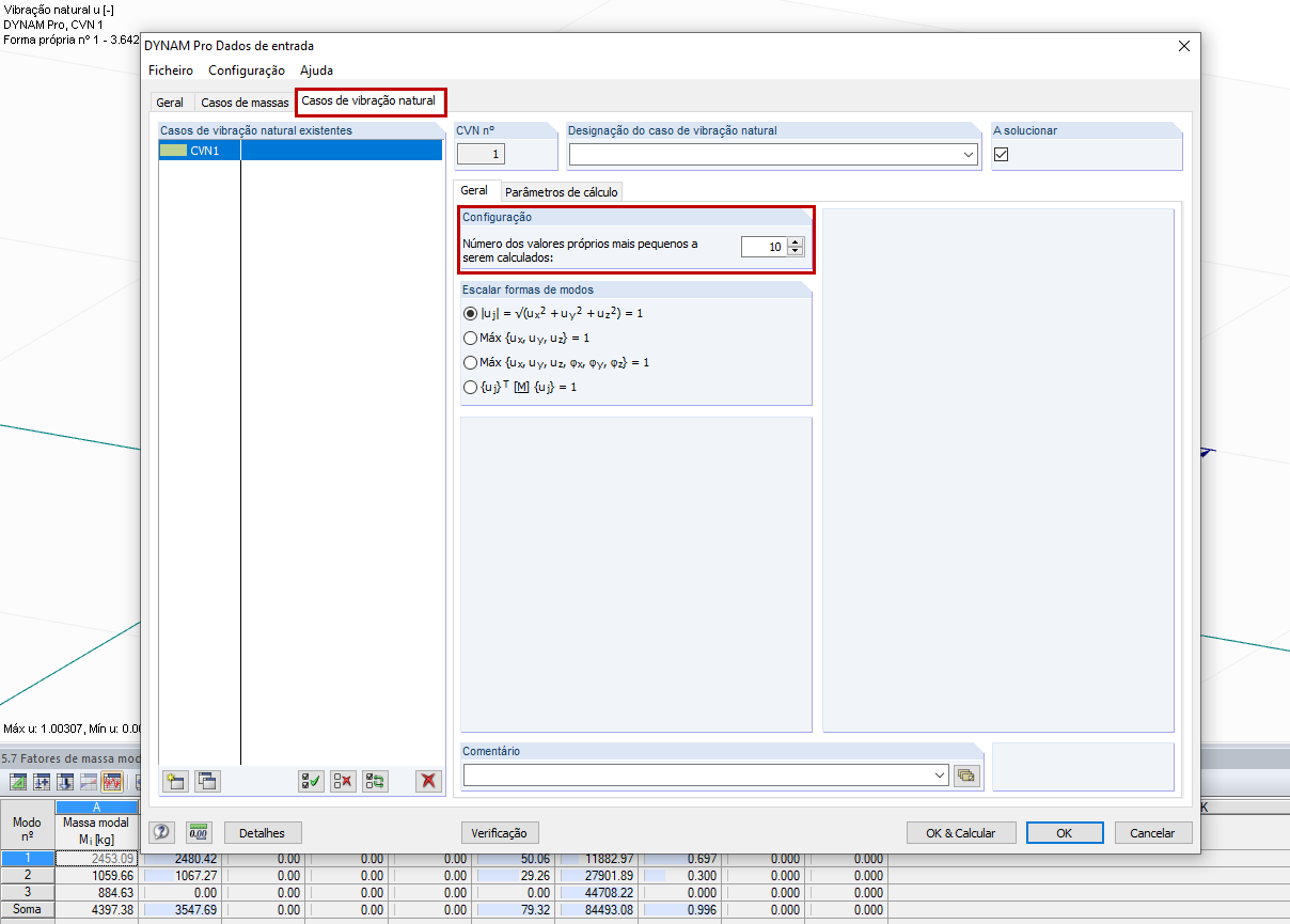 Configuração do número dos valores próprios mais pequenos a serem calculados