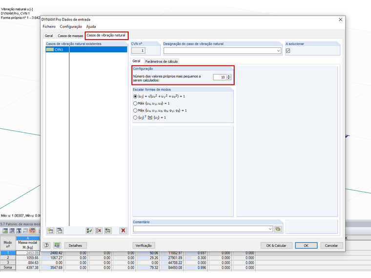 Configuração do número dos valores próprios mais pequenos a serem calculados
