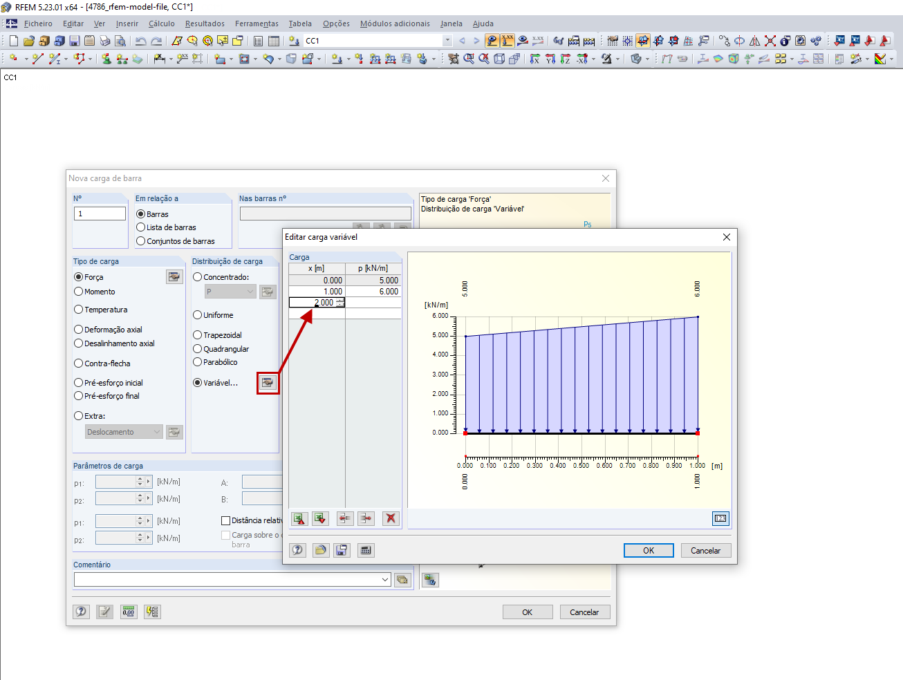 Editar carga variável de barra