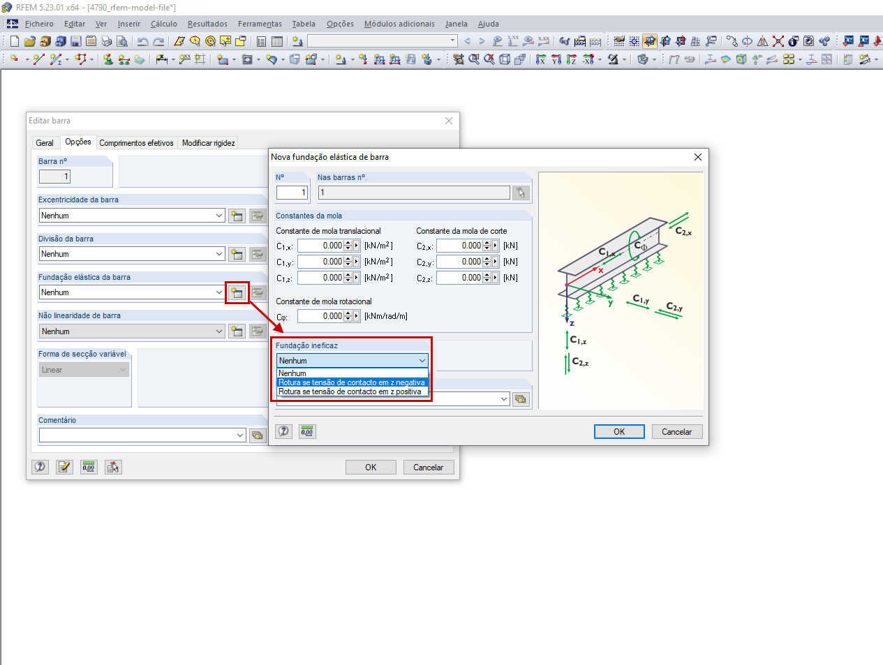 Fundação elástica de barra ineficaz