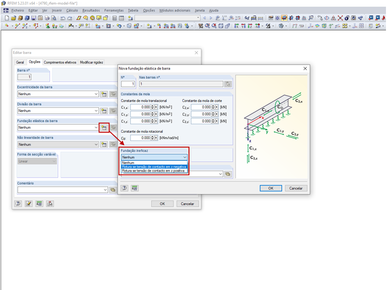 Fundação elástica de barra ineficaz