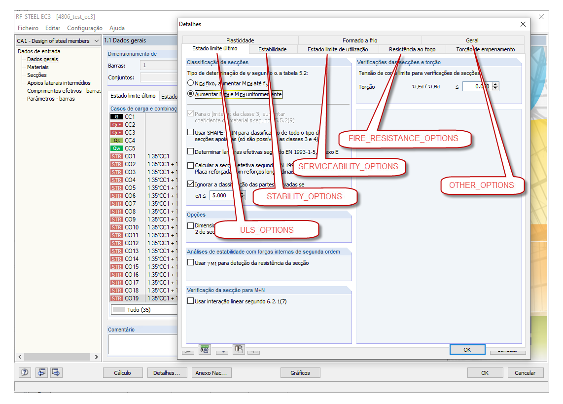Caixa de diálogo Detalhes do módulo adicional STEEL EC3 com os tipos de variáveis correspondentes para a programação COM