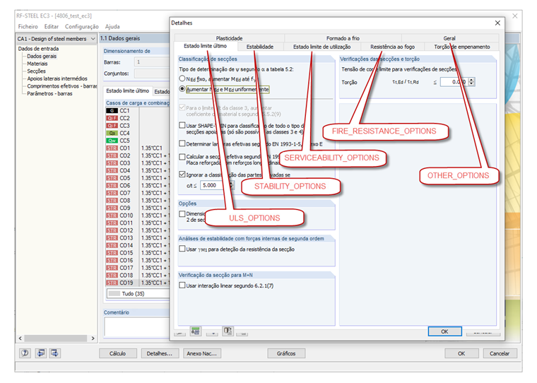 Caixa de diálogo Detalhes do módulo adicional STEEL EC3 com os tipos de variáveis correspondentes para a programação COM