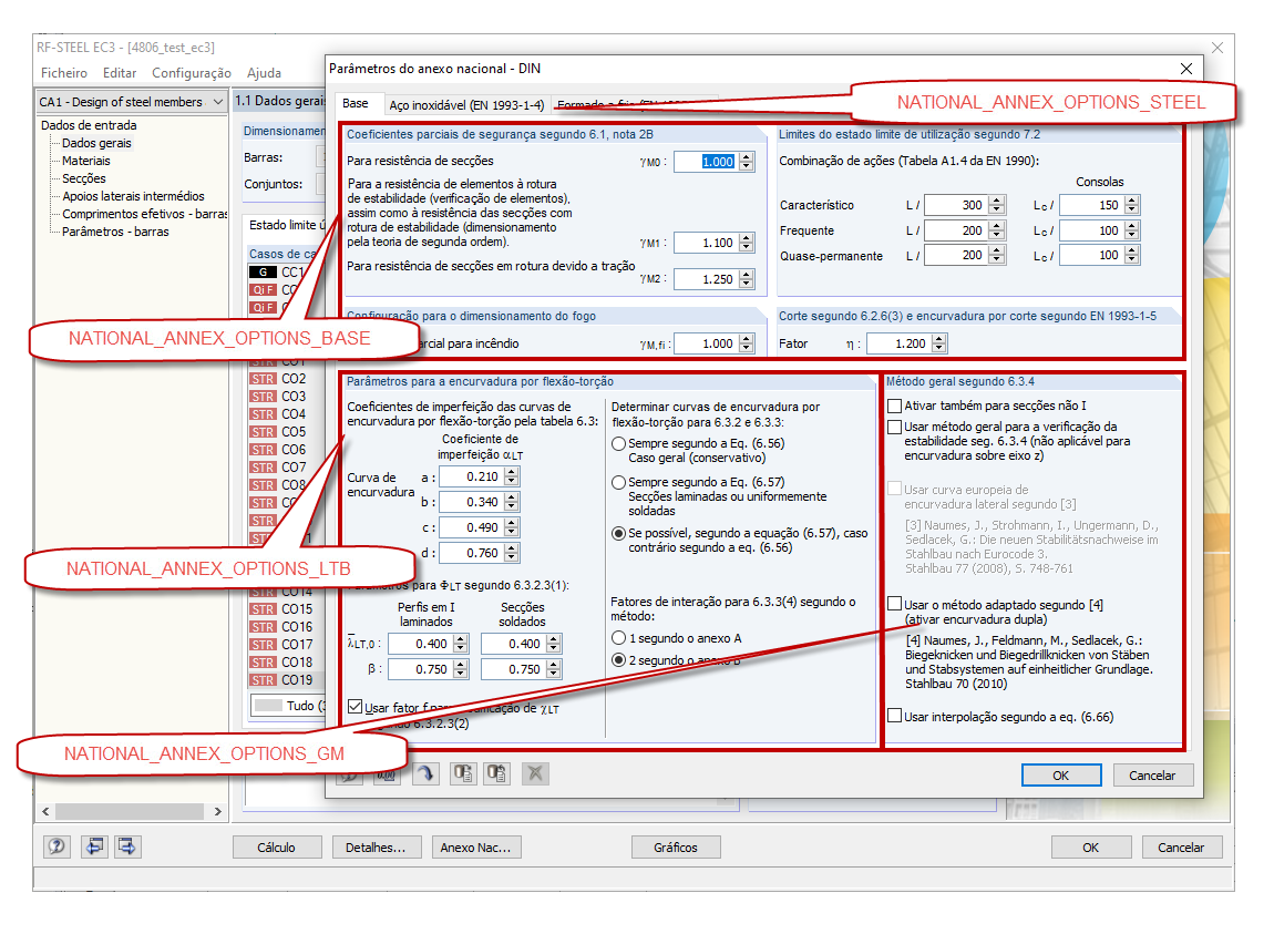 Caixa de diálogo Parâmetros do anexo nacional com os tipos de variáveis correspondentes para a programação COM