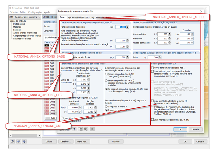 Caixa de diálogo Parâmetros do anexo nacional com os tipos de variáveis correspondentes para a programação COM