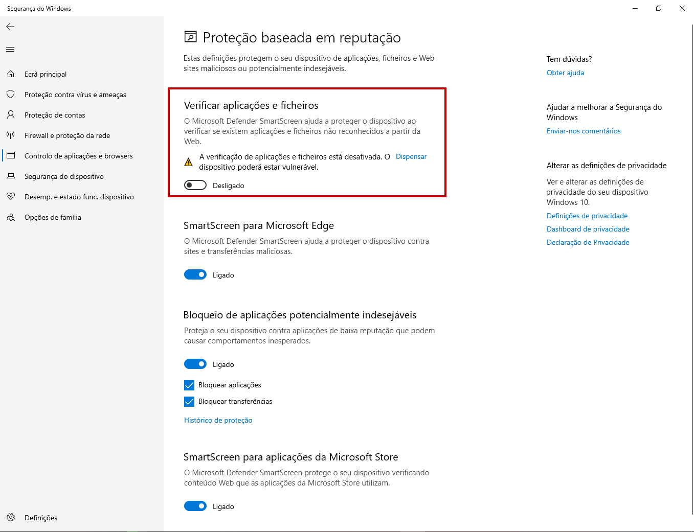 Desativar proteção em Segurança do Windows