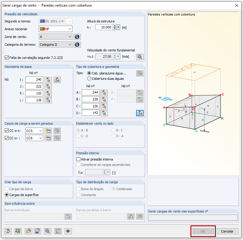Botão de confirmação de entrada no gerador de cargas de vento inativo