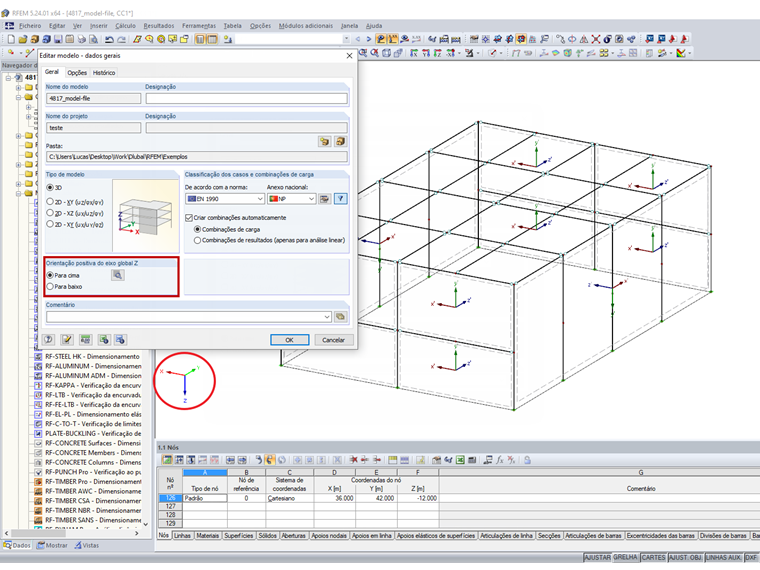 Orientação do modelo com fundações para cima e cobertura para baixo