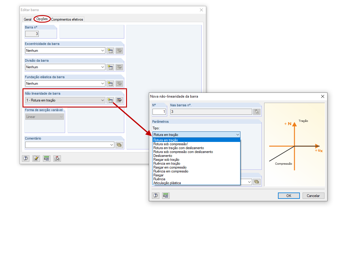 Definição de uma não linearidade da barra