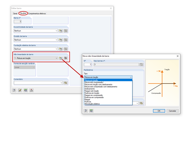 Definição de uma não linearidade da barra