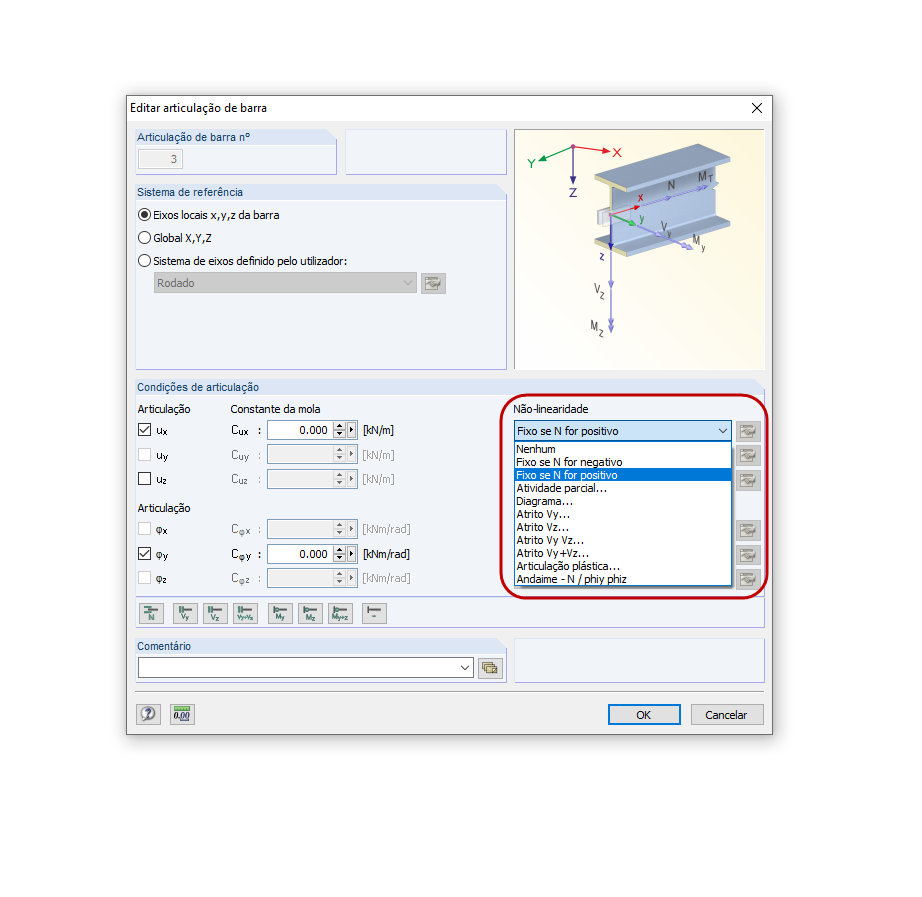 Definição de uma articulação de barra não linear