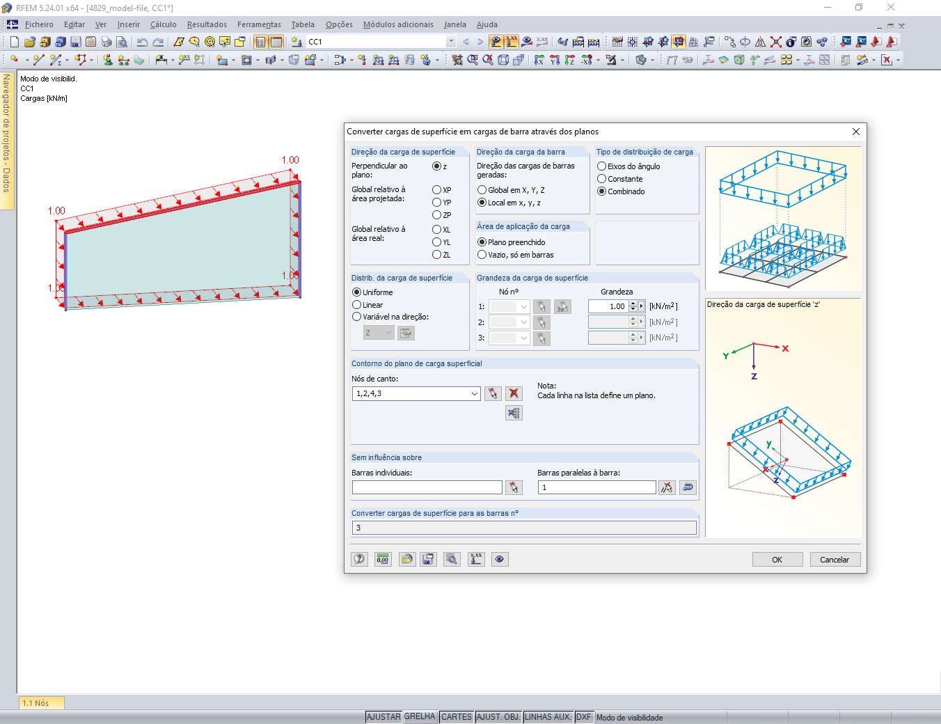Configuração para converter cargas de superfície em cargas de barra