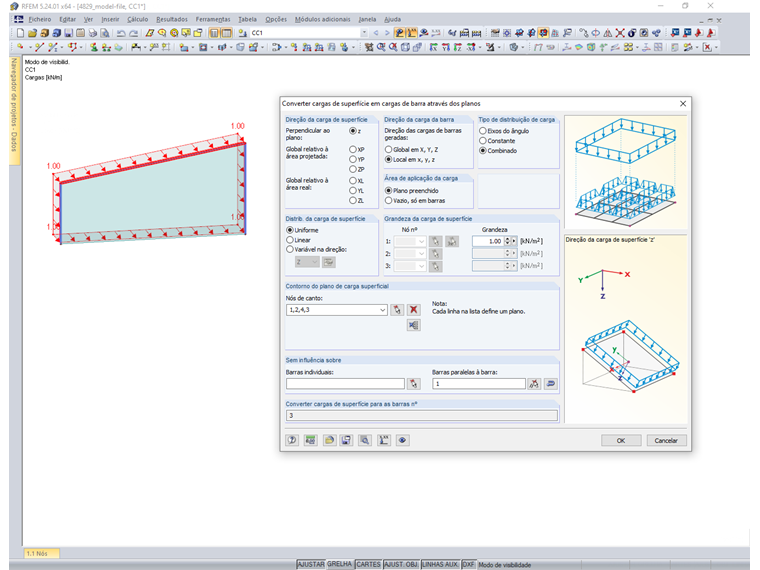Configuração para converter cargas de superfície em cargas de barra