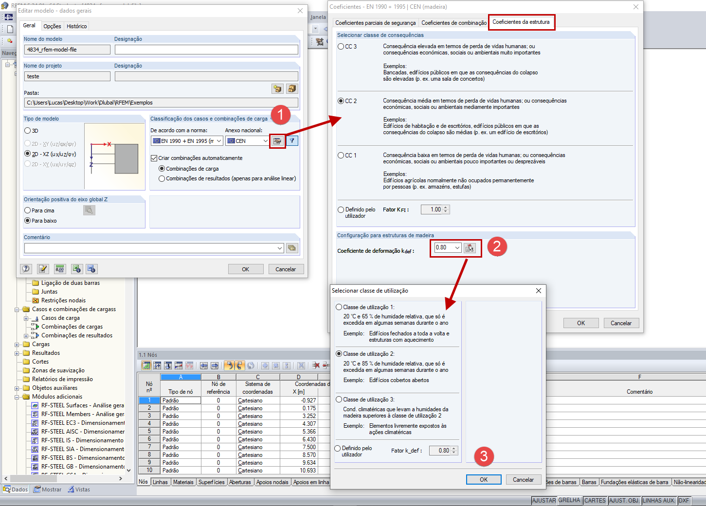 Dados gerais com a configuração do coeficiente de deformação