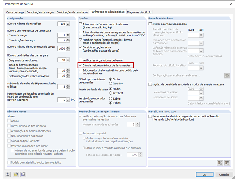 Desativação da opção "Calcular valores máximos de deformações" nos Parâmetros de cálculo