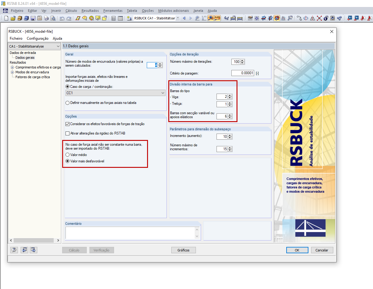 Opções e divisão interna da barra no RSBUCK