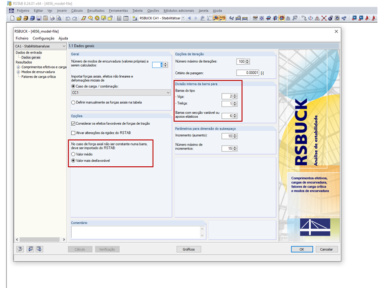 Opções e divisão interna da barra no RSBUCK