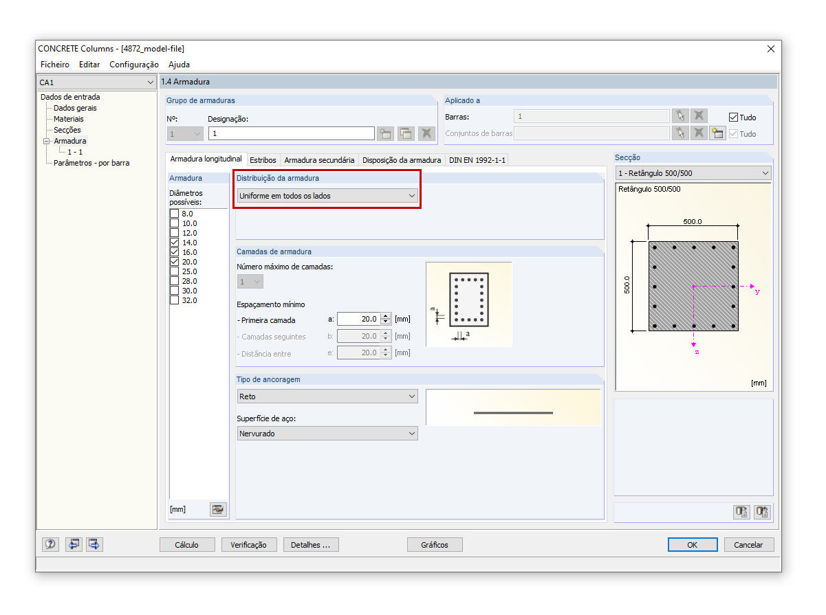 Seleção da distribuição da armadura