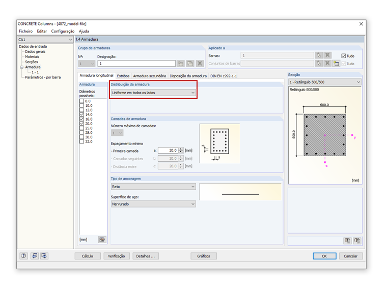 Seleção da distribuição da armadura