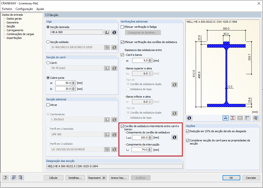 Entrada de cordão de soldadura intermitente