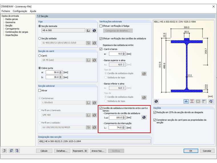 Entrada de cordão de soldadura intermitente
