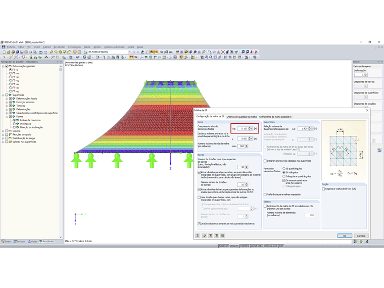 Malha de EF do form-finding de 0,1 m