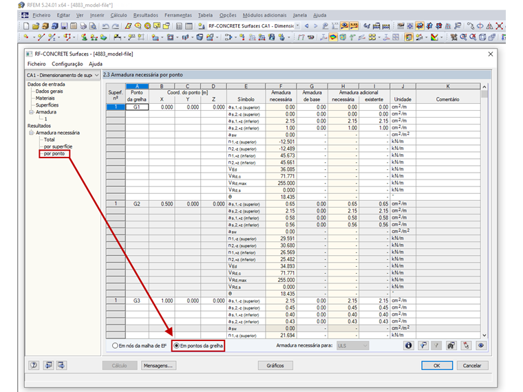 Armadura em pontos da grelha