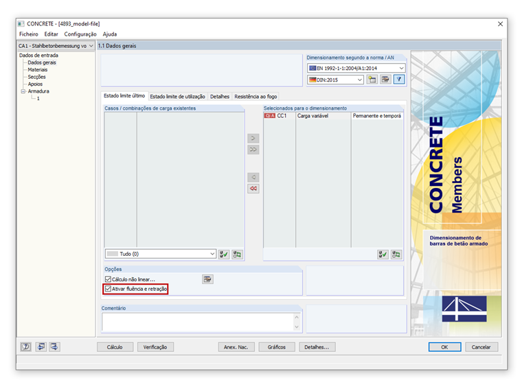 Consideração de fluência e retração