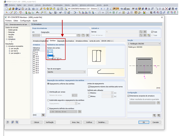 Parâmetros do estribo: Número de ramos de estribos
